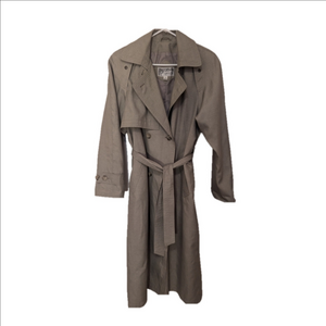 Gallery Petite Vintage Olive/Tan Rain Trench Coat Belt 8 Petite Shoulder pads